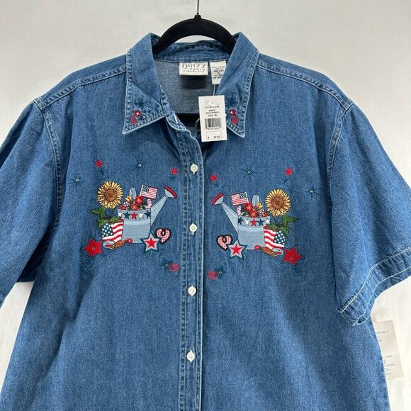 Vtg Quizz Again Jeans Denim Shirt Women XL Short Sleeve Button Up Patriotic Blue - Picture 5 of 10
